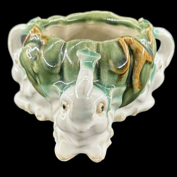 VTG Majolica-Style Ceramic Elephants Trunks Raised, Good Luck Planter Circa1950 - Picture 6 of 8
